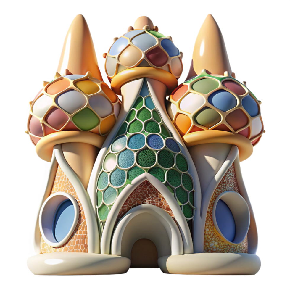 immaculate mysterious impressionist Gaudi inspired organic architecture, vibrant mosaic tiles, bright sunlight, swirling shapes and textures, dreamlike quality, Antoni Gaudi s signature style elite png