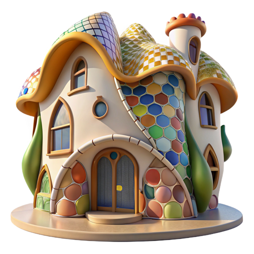 serene bold industrial A Gaudi inspired house with colorful mosaic tiles, organic curves, whimsical and dreamlike, bright midday sun detailed png