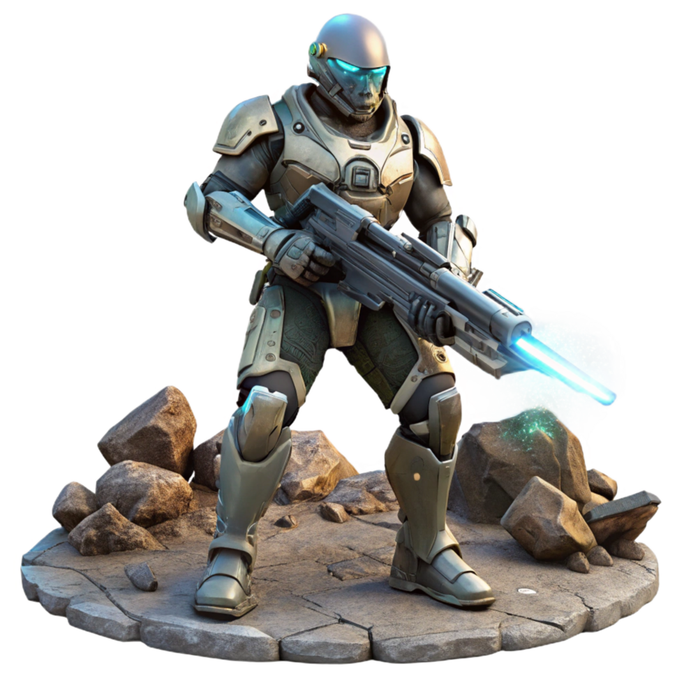 splendid modern A futuristic soldier in power armor, holding a glowing energy rifle, standing amidst a battlefield strewn with debris, dark and gritty style, dynamic lighting fine detail png