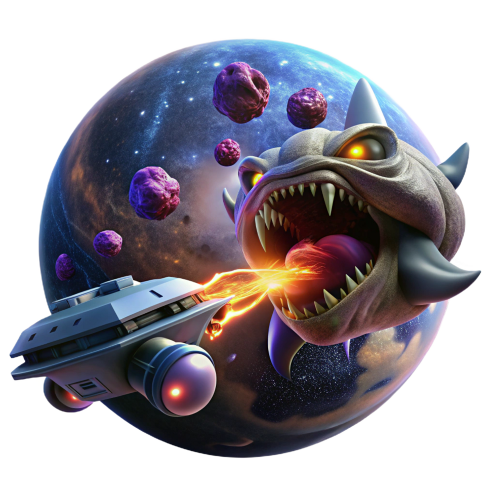 coveted abstract A spaceship battling a giant space creature in a nebula. Epic, dramatic lighting. Space opera style 8K png
