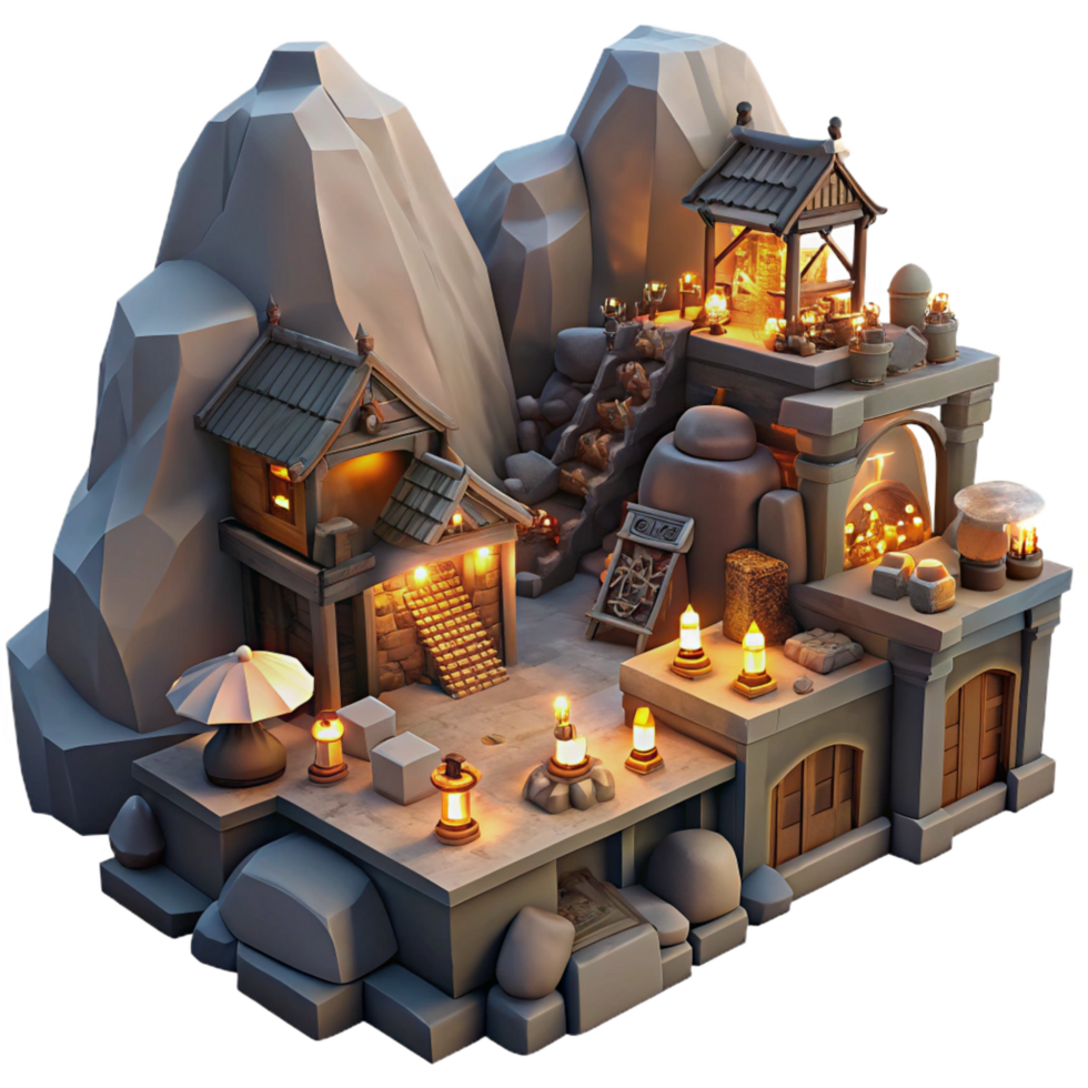 majestic rustic A bustling marketplace in a dwarven city carved into the side of a mountain, warm firelight and lantern light, in a detailed steampunk style handcrafted png