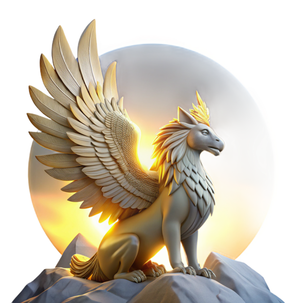 passionate dazzling A majestic griffin perched atop Mount Olympus, feathers shimmering iridescent in the golden light of a setting sun, Art Deco style, museum quality png