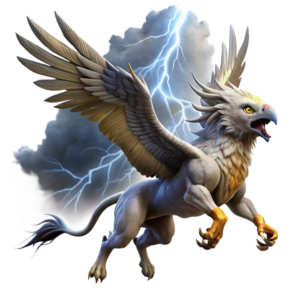 serene dynamic geometric A majestic griffin soaring through a stormy sky, lightning flashing around it, epic fantasy style, dramatic, stormy lighting artisan png