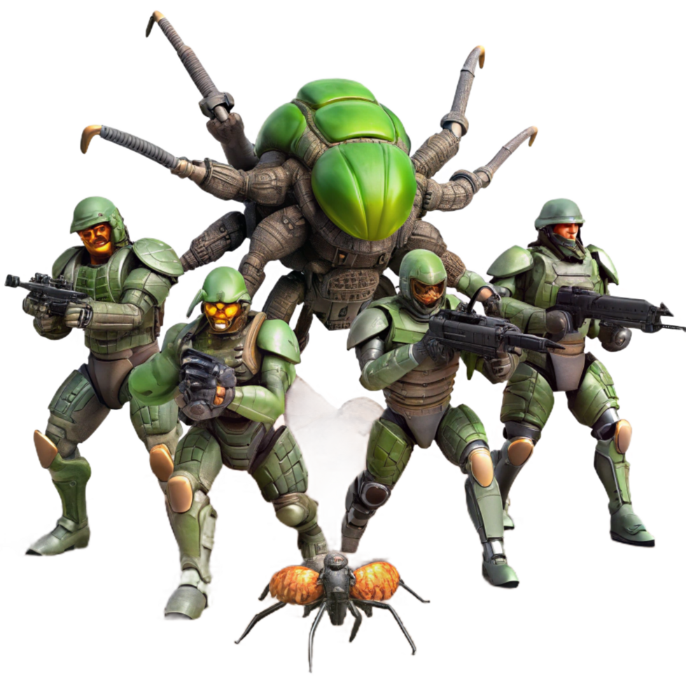dramatic distinctive A group of genetically engineered soldiers, clad in power armor, battles giant, insectoid aliens on a war torn alien planet. Military sci fi style, dramatic lighting png