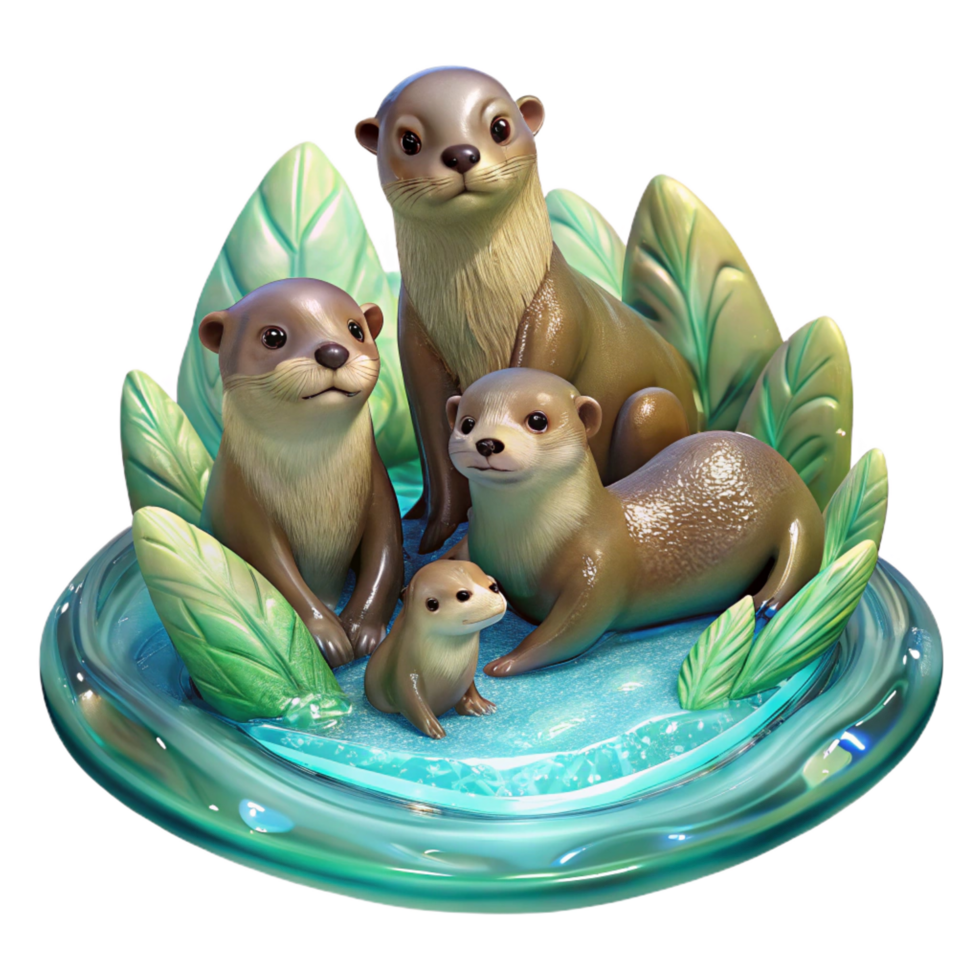 impressive retro A playful family of otters frolicking in a crystal clear stream, dappled sunlight filtering through the leaves above, painted in an impressionistic style handcrafted png