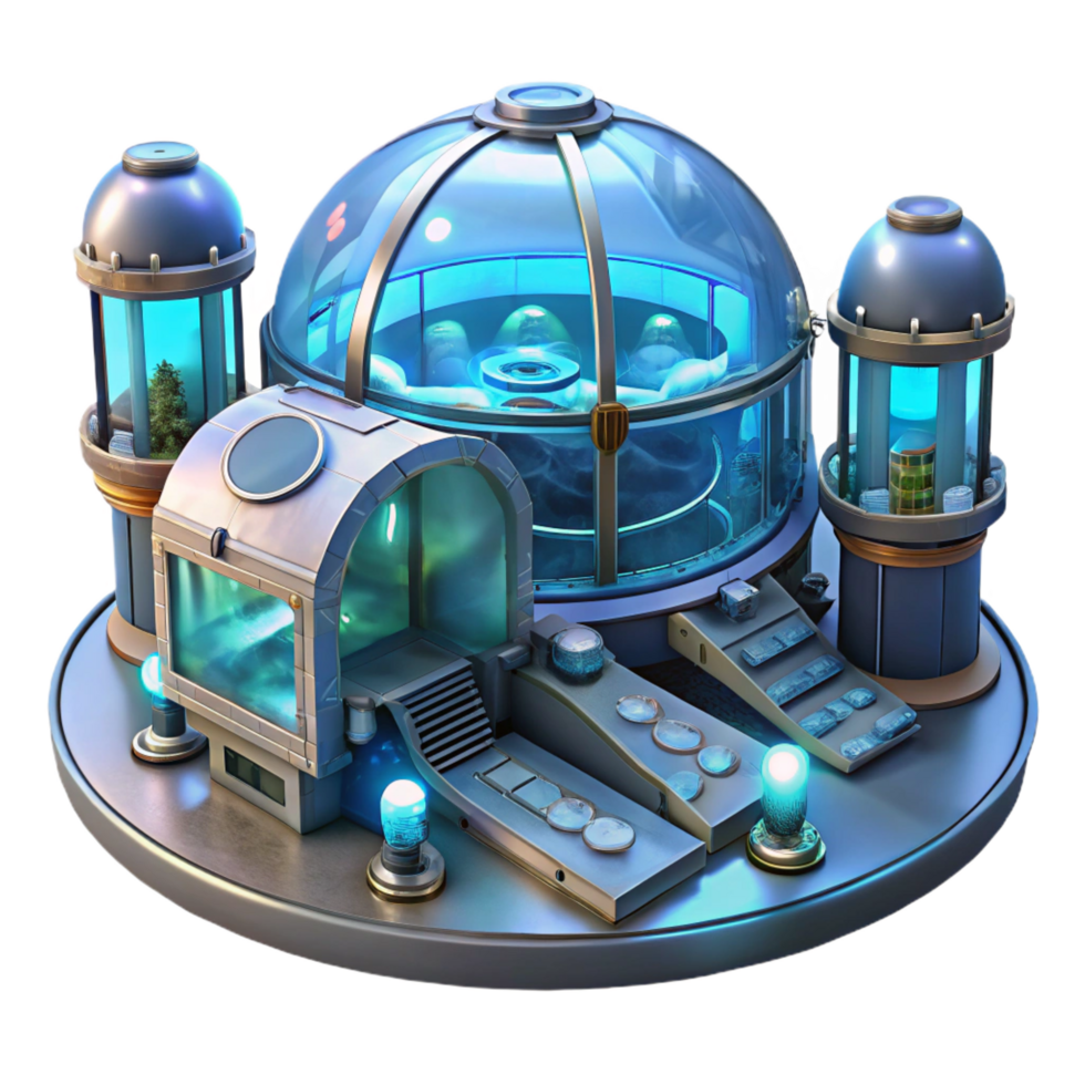 playful captivating A futuristic underwater research facility with glowing lights and transparent walls, deep ocean ambient light, science fiction style genuine png