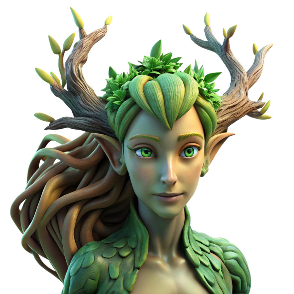 spectacular exceptional A serene dryad emerges from a gnarled oak tree, her skin covered in moss and bark, sunlight dappling through the leaves. Hyperrealistic style png