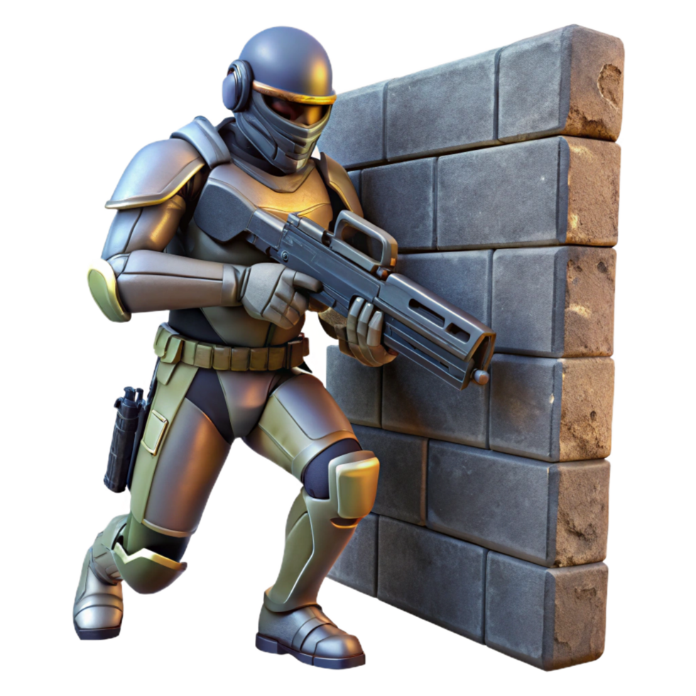whimsical pristine A futuristic soldier, armed with a plasma rifle, takes cover behind a crumbling wall in a war torn cityscape. Gritty, realistic lighting. Military sci fi style genuine png
