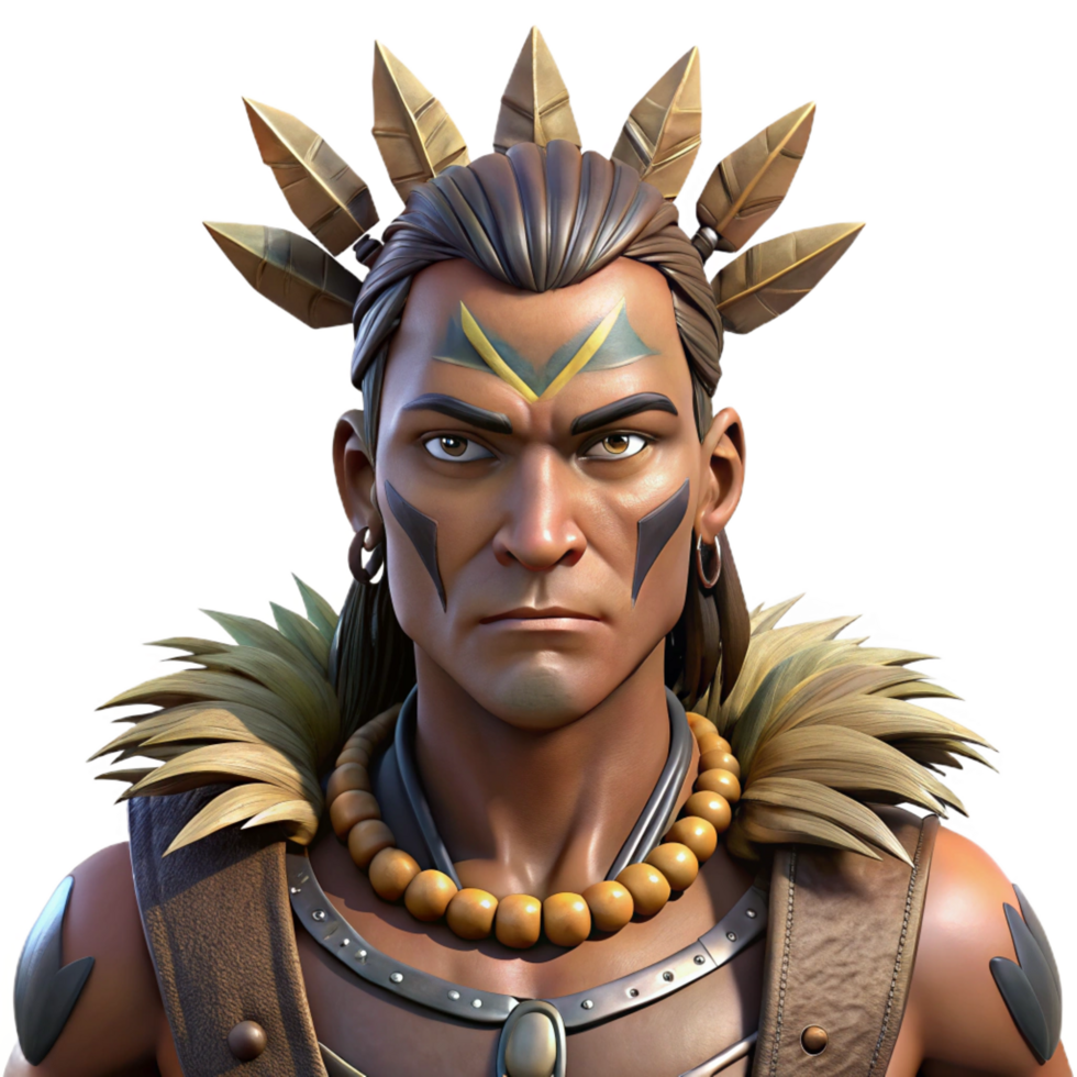 striking coastal Portrait of a tribal warrior adorned with intricate face paint and feathers, a fierce expression on their face. Studio lighting with strong shadows. Photorealistic style handcrafted png