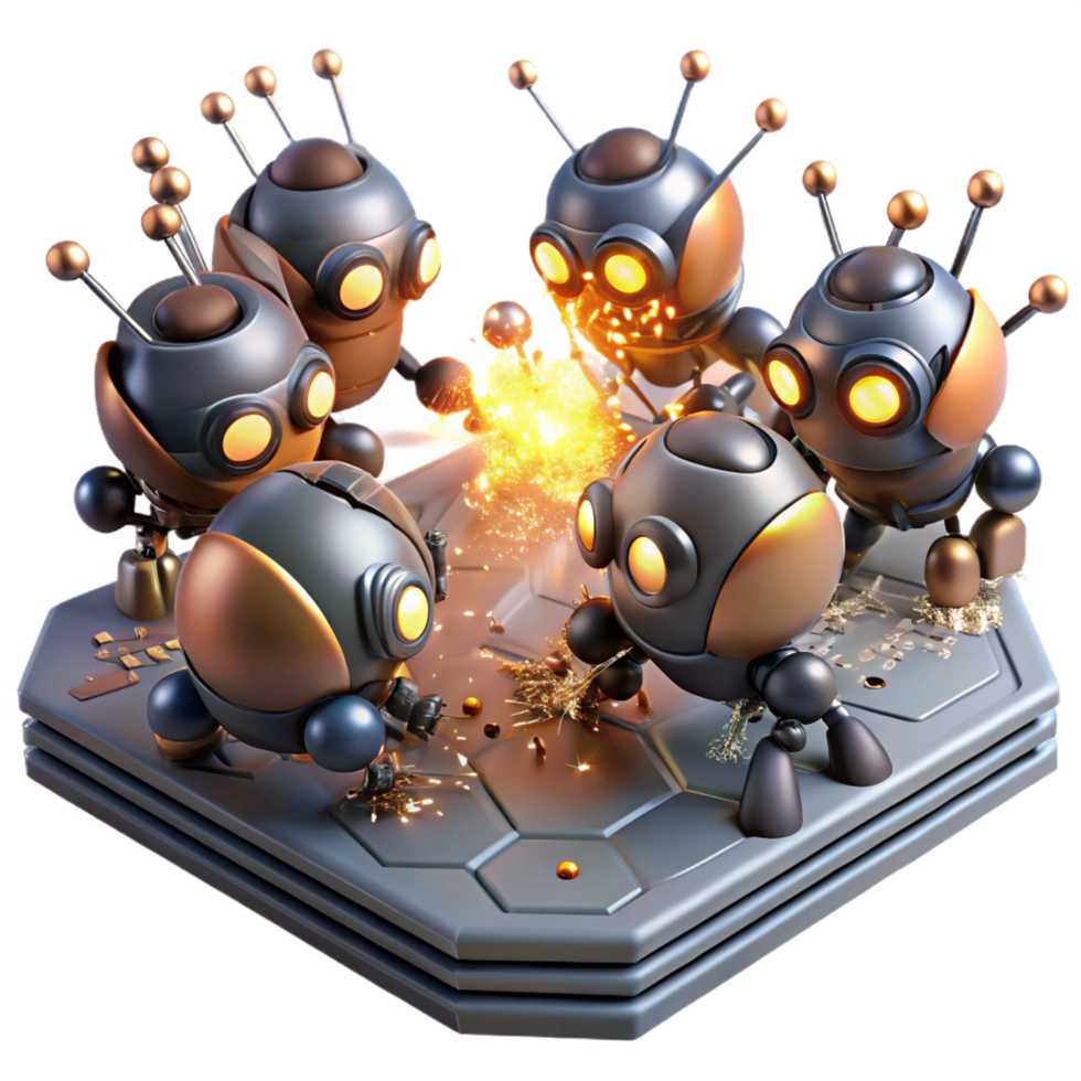 gorgeous bold elegant A swarm of nanobots repairing a damaged circuit board, sparks flying, illuminated by a dramatic spotlight from below, in a gritty, industrial style luxury png