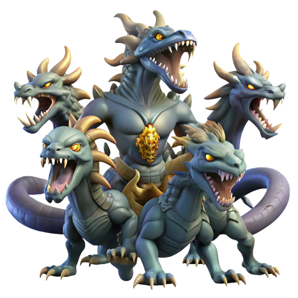 nostalgic gorgeous A fierce hydra battling a group of heroes, dramatic lighting, fantasy art style flawless png