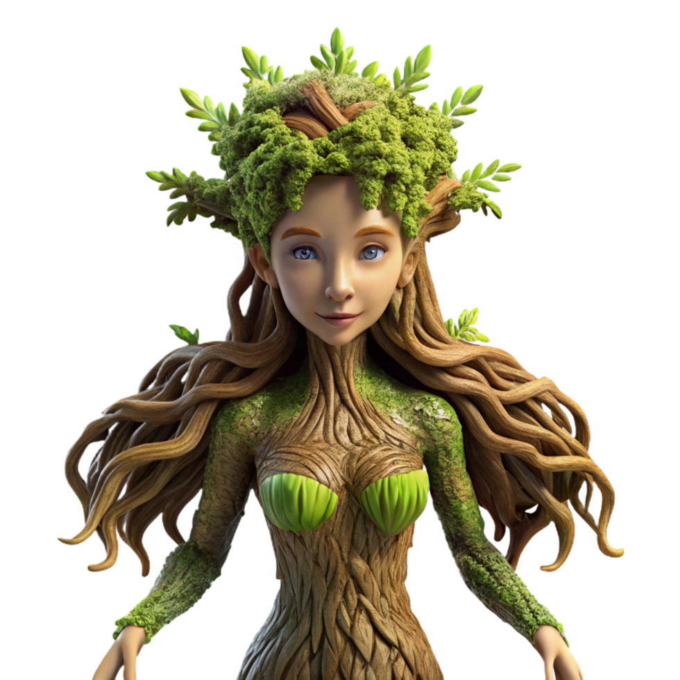 vibrant intense retro A graceful dryad emerging from an ancient oak tree, her skin made of bark and moss, sunlight dappling through the leaves, Pre Raphaelite style, top tier png