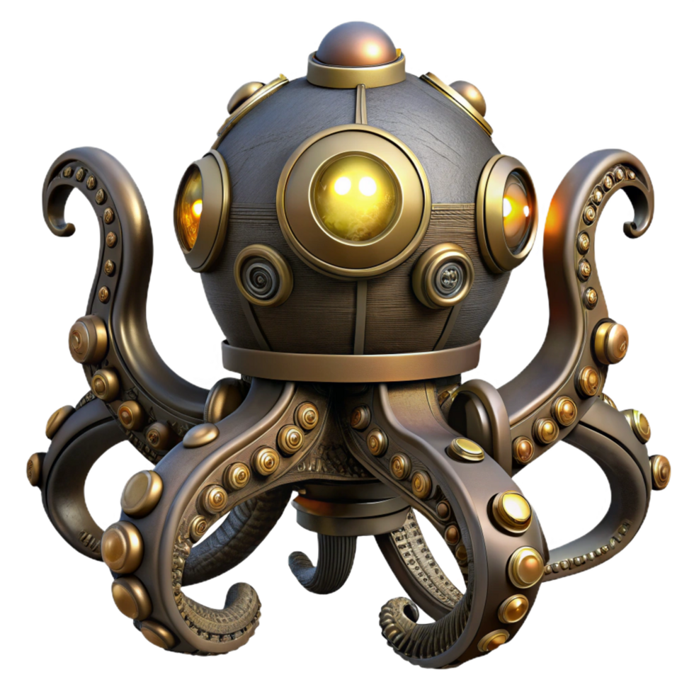 magnificent remarkable A steampunk octopus automaton, tentacles adorned with glowing orbs and intricate brass mechanisms, deep sea lighting, dark, mysterious atmosphere, digital art png