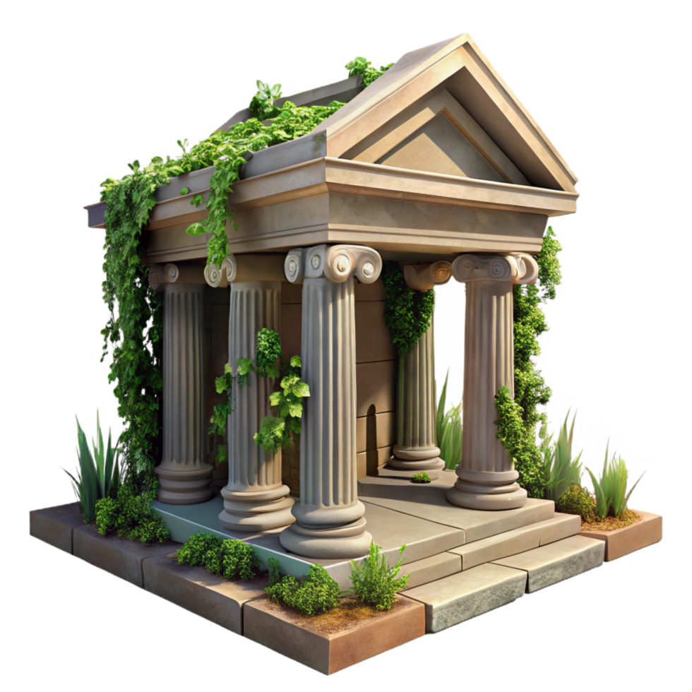 dramatic bohemian A crumbling ancient temple overgrown with vines, dappled sunlight, realistic texture, slightly tilted angle, fine detail png