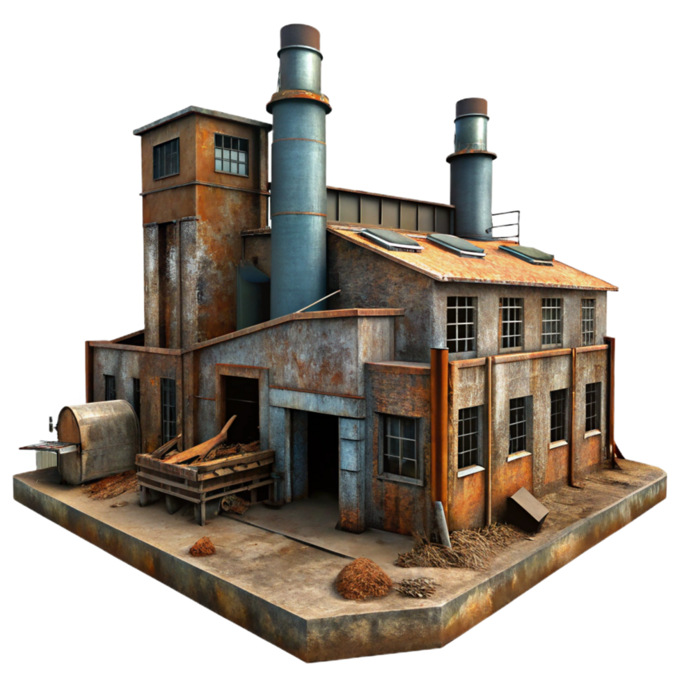 whimsical dramatic An abandoned industrial factory, rusted metal and broken windows, dim lighting, gritty realism, decaying urban landscape, post apocalyptic feel precision png