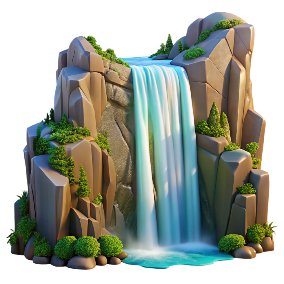 elegant dynamic classic A majestic waterfall cascading down a cliff face, bright sunny day, powerful and dynamic, landscape photography style refined png