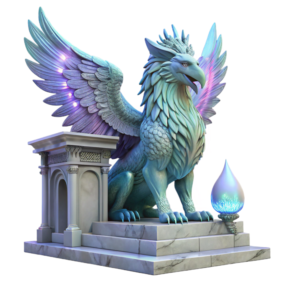 pristine urban A majestic griffin with iridescent feathers, perched atop a crumbling marble altar, bathed in ethereal moonlight. Intricate, hyperrealistic style handcrafted png
