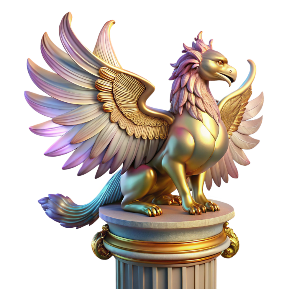 hypnotic unparalleled A majestic griffin with iridescent feathers, perched atop a crumbling marble pillar, bathed in ethereal golden light. Intricate details on feathers and pillar. Art Nouveau style png