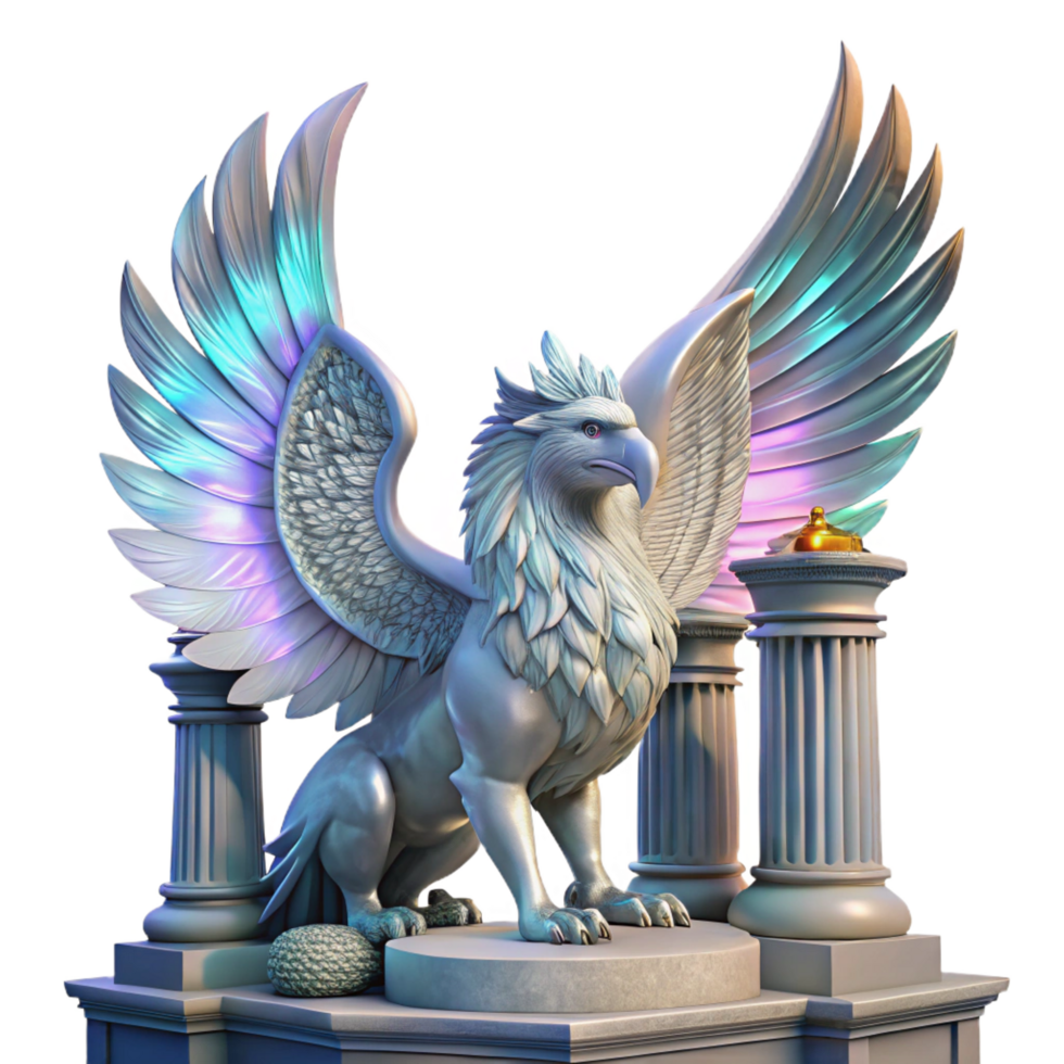 breathtaking distinguished A majestic griffin with iridescent feathers, perched atop a crumbling marble altar, bathed in ethereal moonlight. Intricate, hyperrealistic style png
