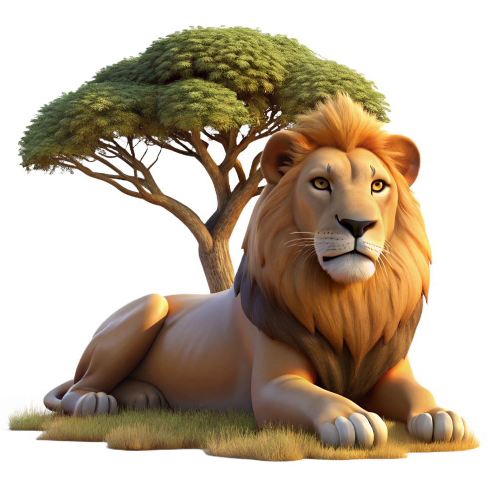 passionate spectacular A regal African lion resting in the shade of an acacia tree, dust motes dancing in the golden afternoon light. Photorealistic style, wildlife documentary aesthetic professional png
