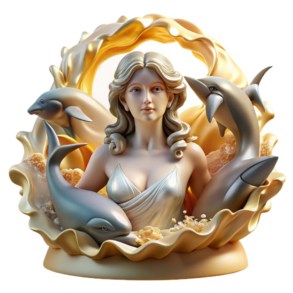 pristine distinguished A beautiful Aphrodite emerging from the sea foam, surrounded by dolphins, golden hour lighting. Neoclassical style png