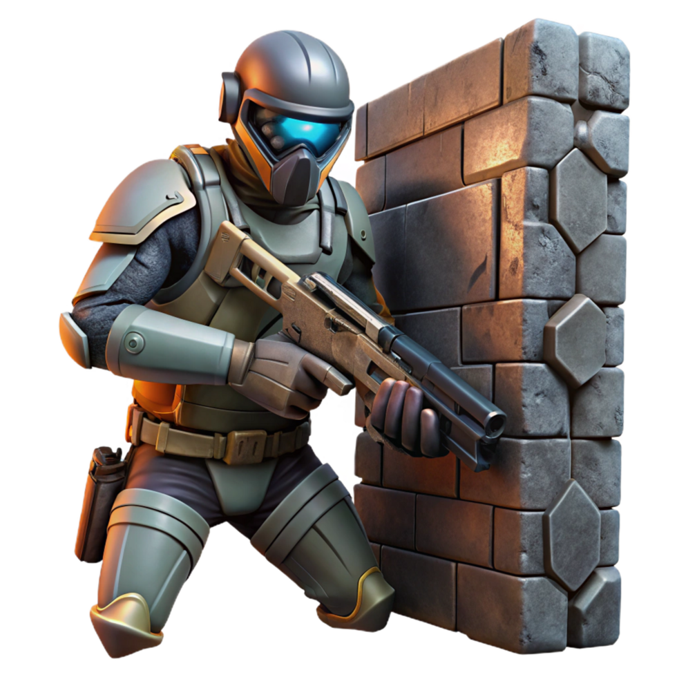 celebrated classic A futuristic soldier, armed with a plasma rifle, takes cover behind a crumbling wall in a war torn cityscape. Gritty, realistic lighting. Military sci fi style fine detail png