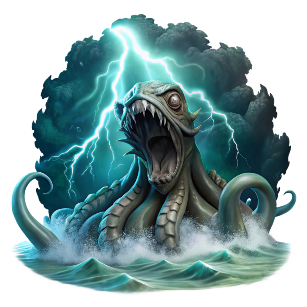 wonderful bold mid century A powerful kraken emerging from a stormy sea, tentacles thrashing, lightning illuminating the scene. Digital painting, dramatic style artisan png