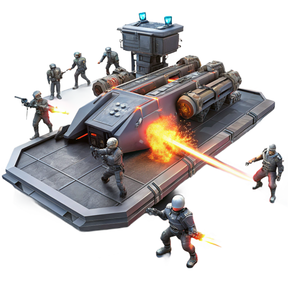 impressive celebrated A group of space pirates boarding a derelict spaceship, laser fire illuminating the chaotic scene. Dark, gritty lighting. Space opera style png