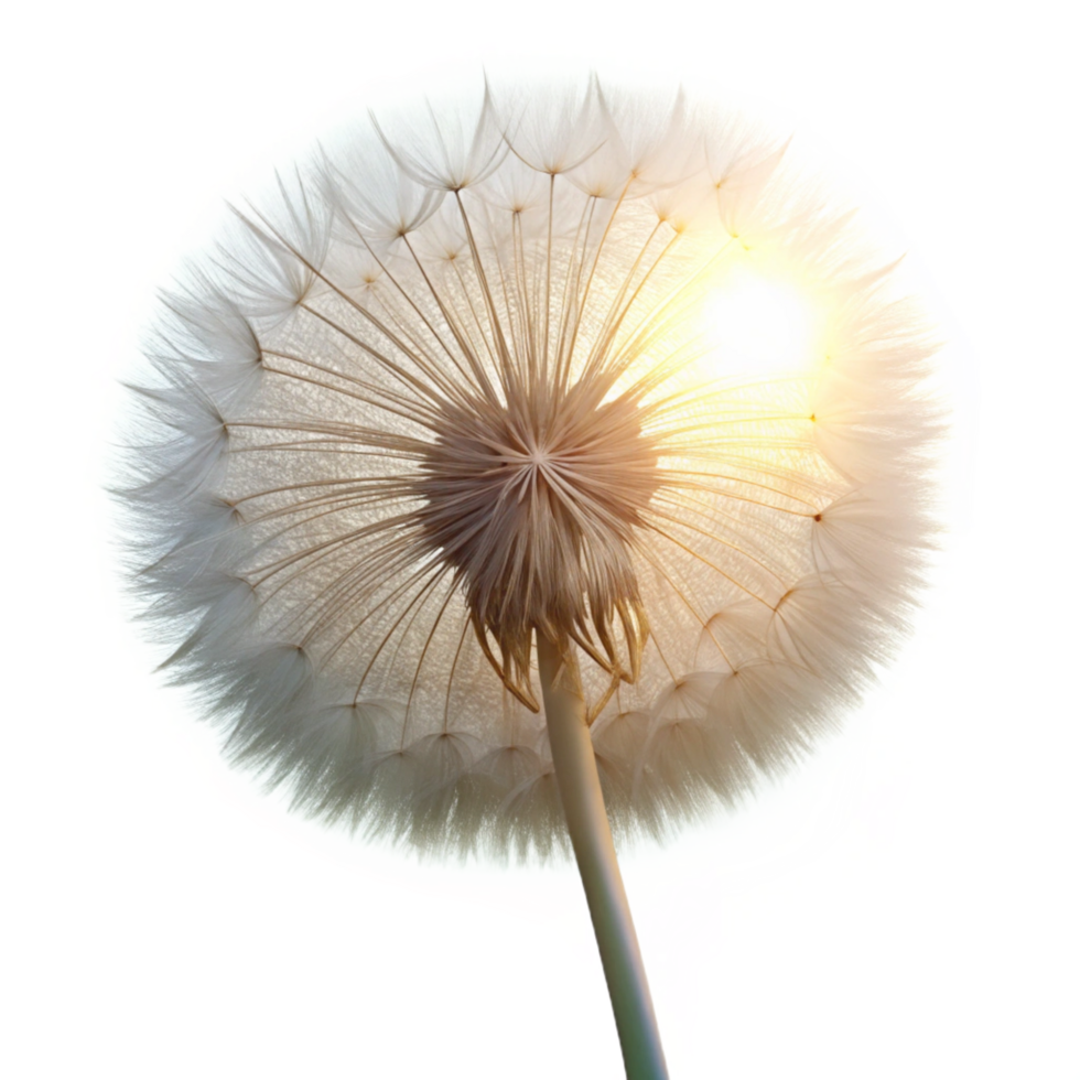 nostalgic magnificent A single dandelion seedhead, backlit by the sun, delicate and ethereal, macro photography style flawless png