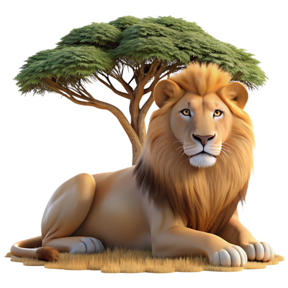 energetic wonderful A regal African lion resting in the shade of an acacia tree, dust motes dancing in the golden afternoon light. Photorealistic style, wildlife documentary aesthetic premium png