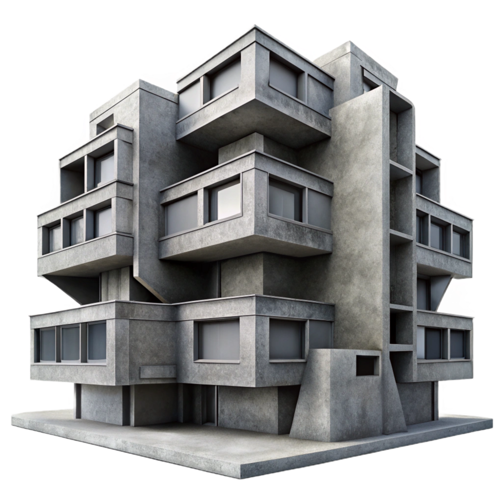 peaceful majestic A Brutalist concrete apartment complex, geometric shapes, harsh shadows, monochrome, gritty, photorealistic, masterfully captured png