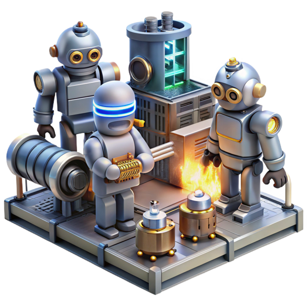 striking energetic urban A group of robots working in a futuristic factory, glowing machinery and sparks flying, industrial setting, gritty and realistic style expertly shot png