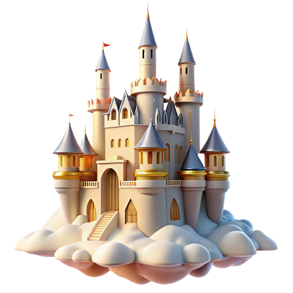 gorgeous vintage A majestic castle floating in the clouds, soft, golden sunlight, dreamlike style masterfully captured png