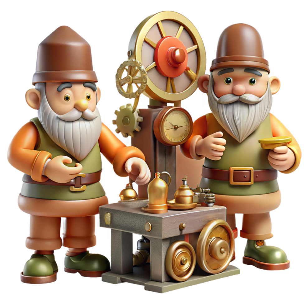 playful dazzling A group of gnomes crafting intricate clockwork devices in a dimly lit workshop, steampunk style museum quality png