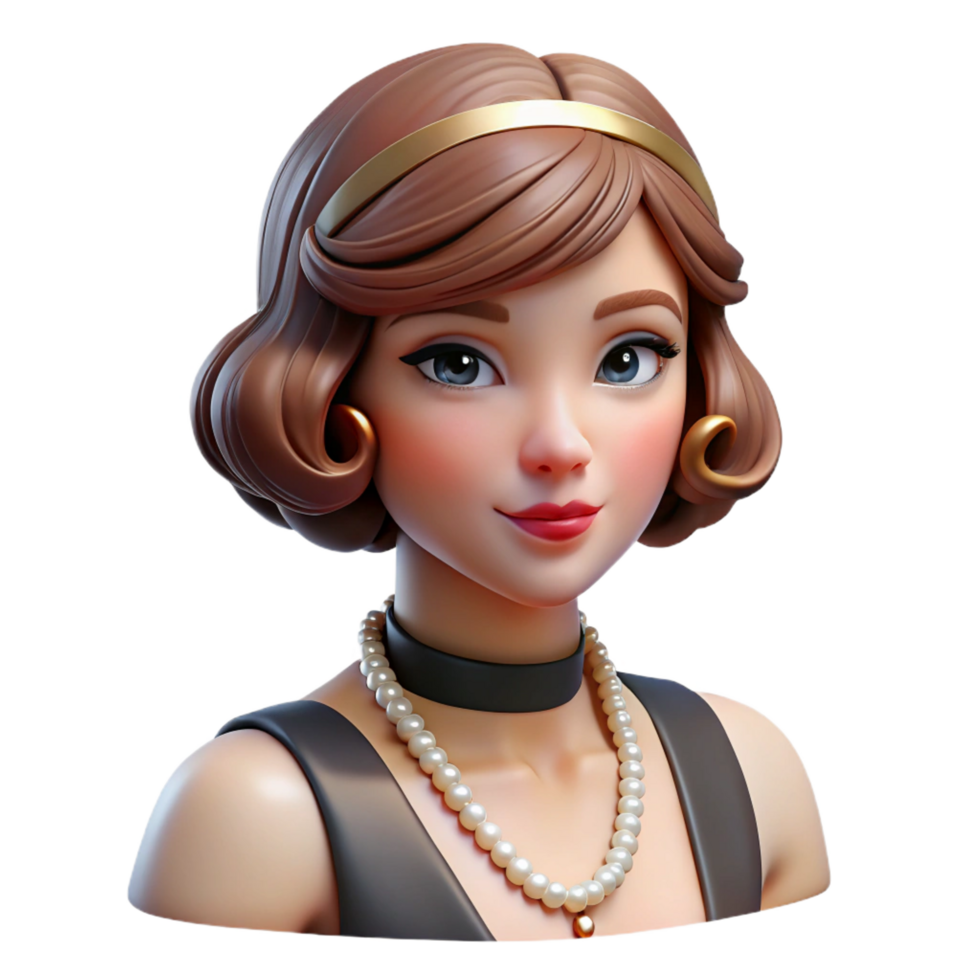 elegant romantic elegant Portrait of a glamorous flapper girl with a bob haircut and a pearl necklace, art deco lighting, vintage photograph style sharp png
