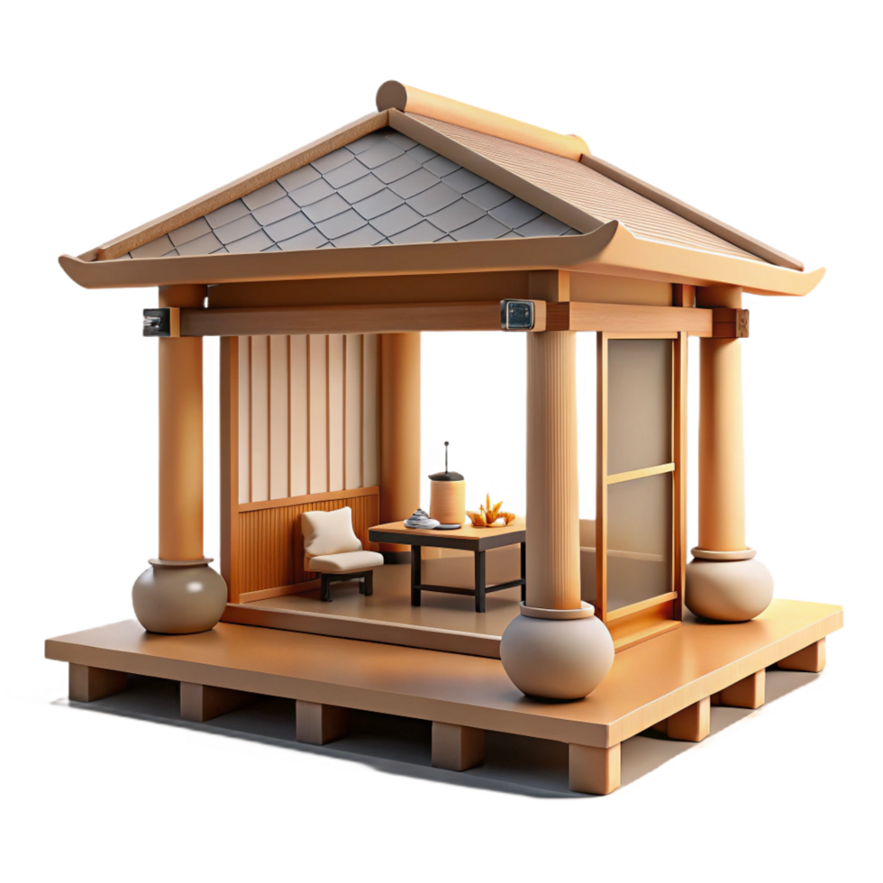 pristine tropical A minimalist Japanese tea house, wooden beams, natural light, serene atmosphere, zen style, studio quality png