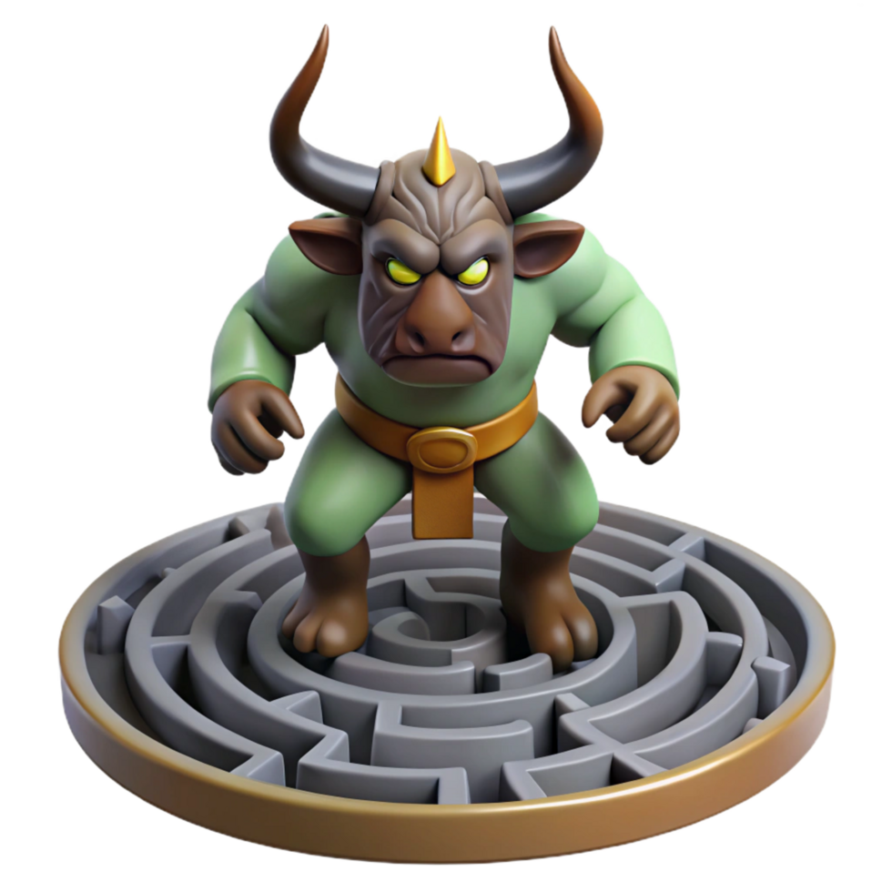 radiant playful gothic A fearsome minotaur guarding a labyrinth, dimly lit, realistic style expertly shot png