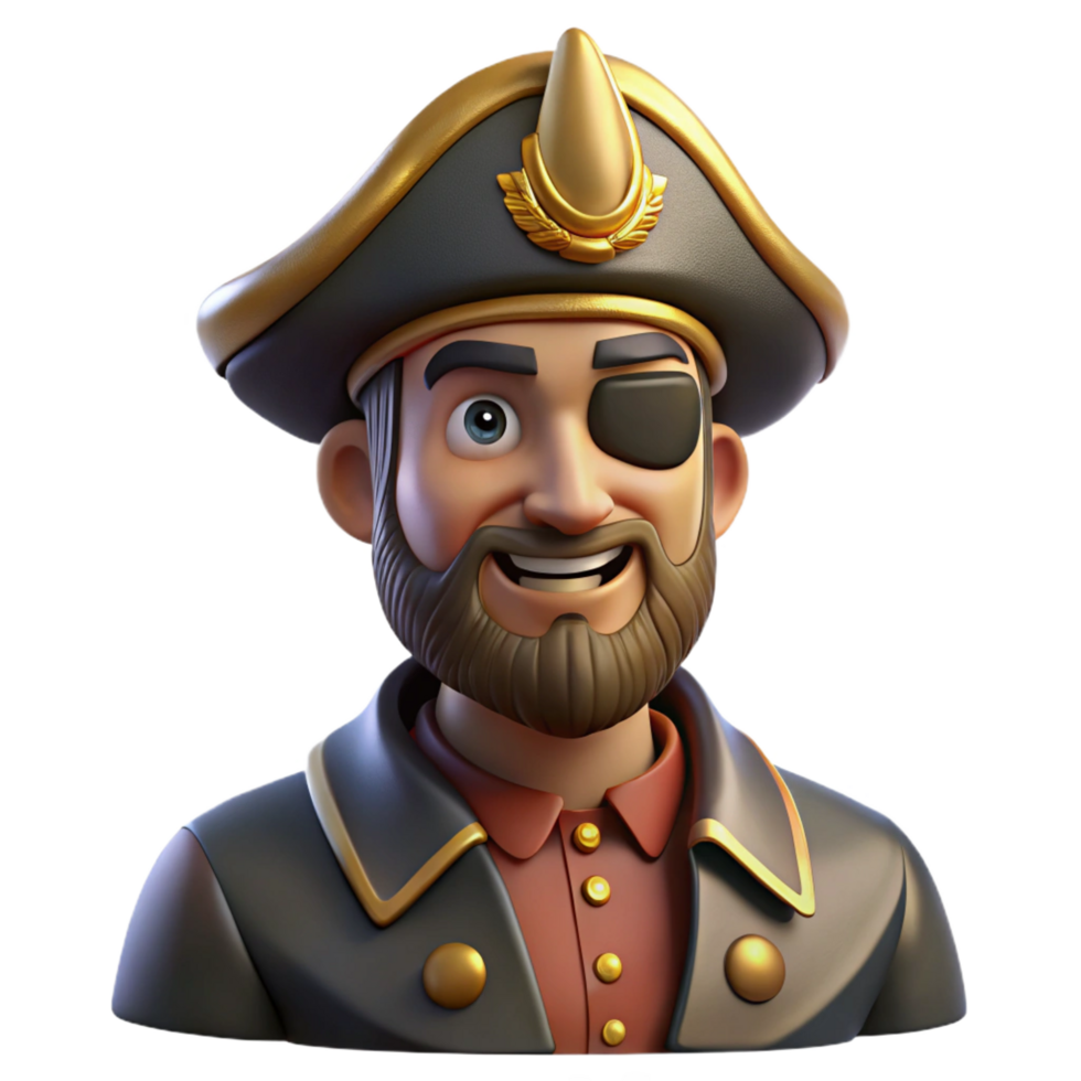 joyful pristine Portrait of a charismatic pirate captain with an eye patch, a tricorne hat, and a mischievous grin. Warm, golden lighting. Digital painting style gallery standard png