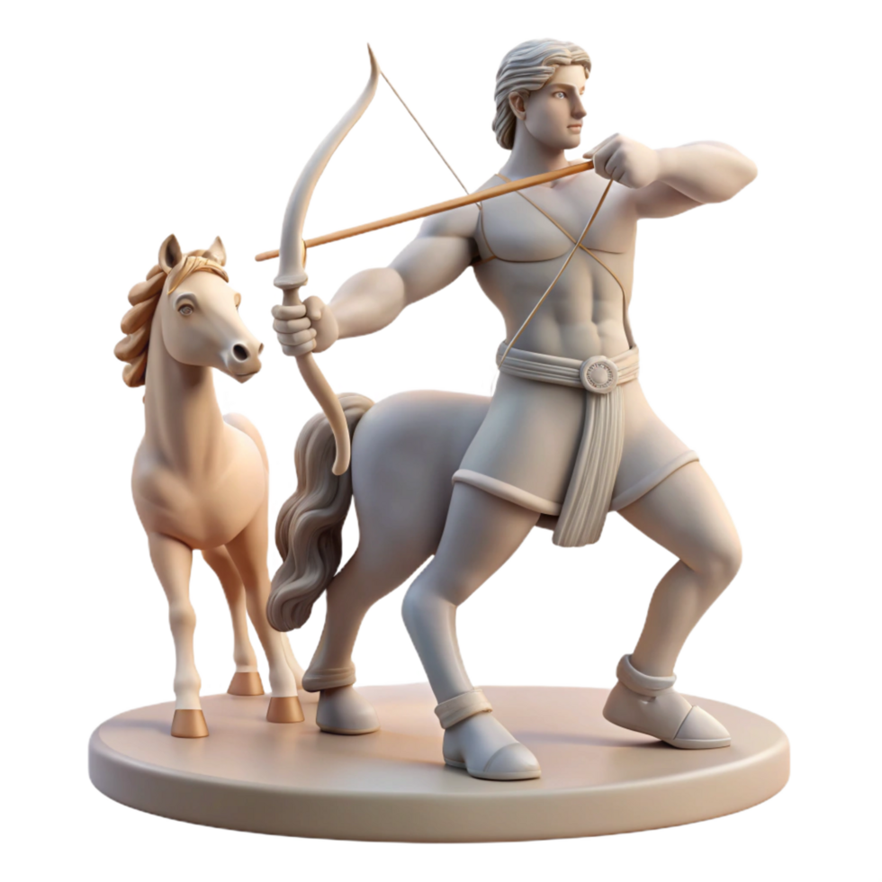 melancholic pristine A wise centaur teaching archery to a young human, soft sunlight filtering through the trees, classical Greek sculpture style handcrafted png