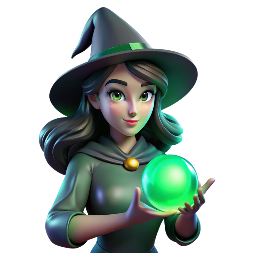 captivating quintessential Portrait of a young witch with glowing green eyes, flowing black hair, and holding a crystal ball. Dark, mystical lighting. Digital painting style png