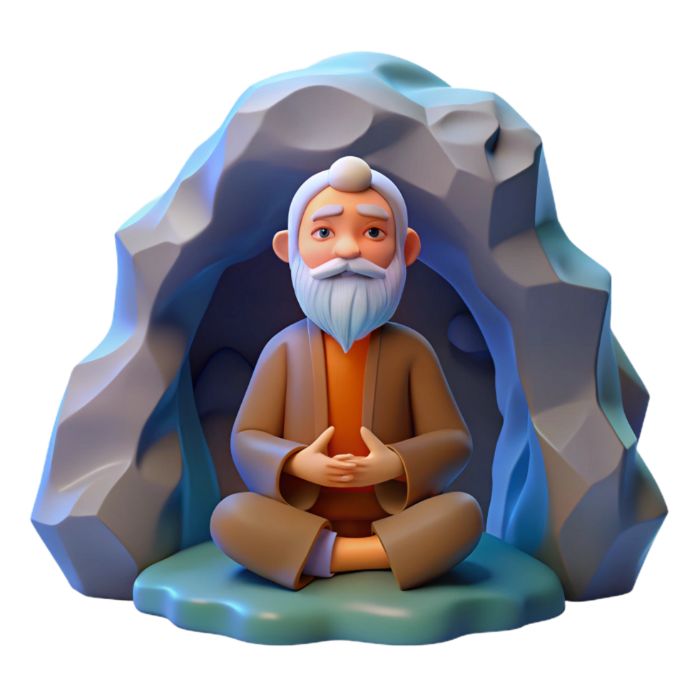 whimsical breathtaking A wise old hermit meditating in a mountain cave, soft light, spiritual style high quality png