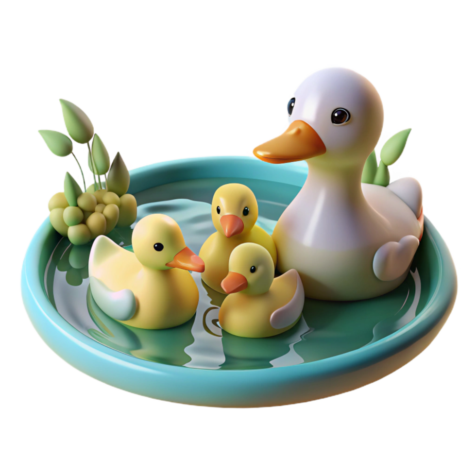bold spectacular A family of ducks swimming in a pond, serene setting, soft lighting luxury png