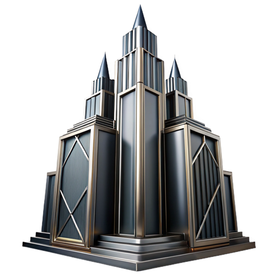 radiant distinctive Art Deco skyscraper, chrome and black glass, sharp geometric lines, volumetric lighting, cinematic angle, highly detailed, 8k, png