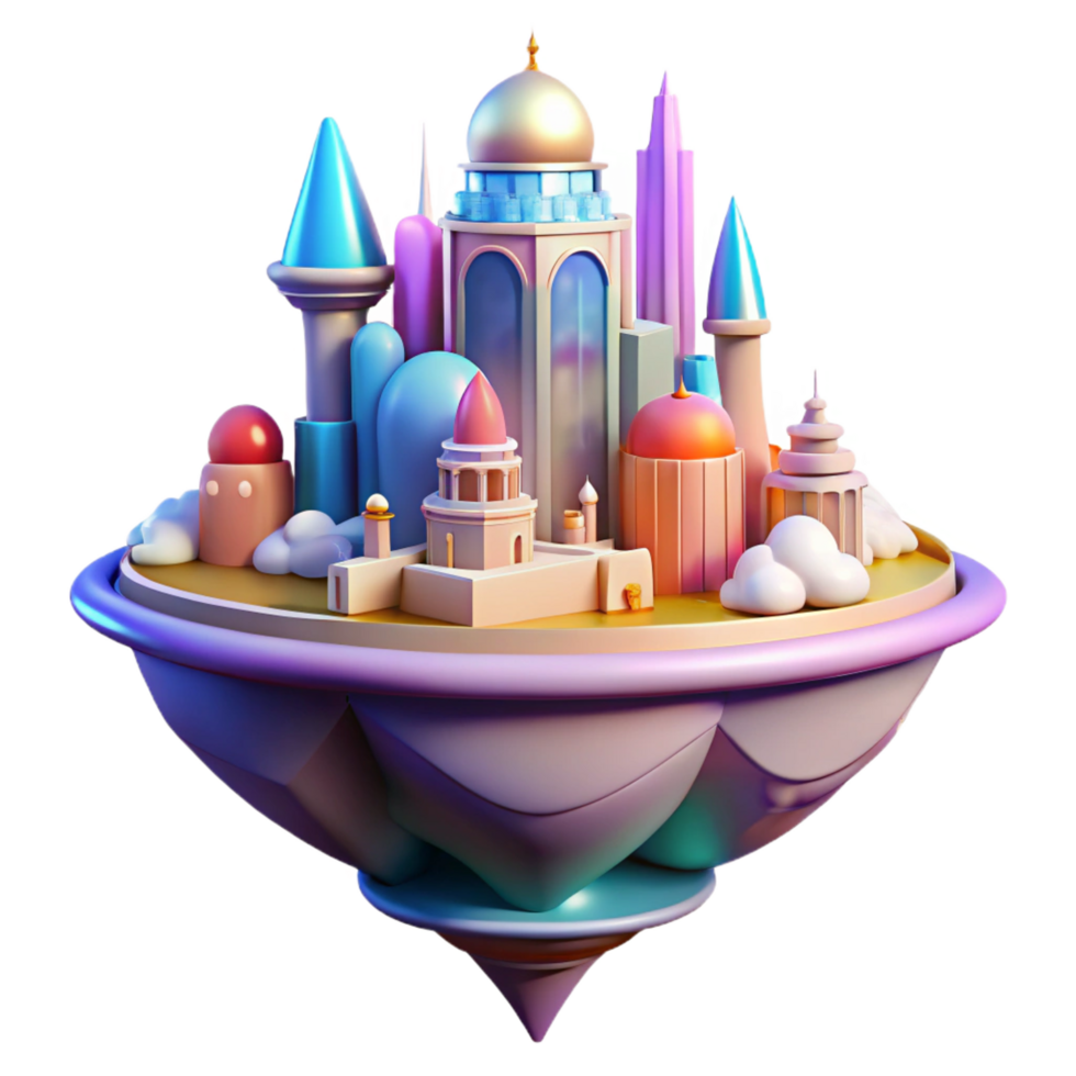 inspired urban A floating island city, vibrant colors, dreamlike atmosphere, Art Deco style, intricate architectural details, masterfully captured png