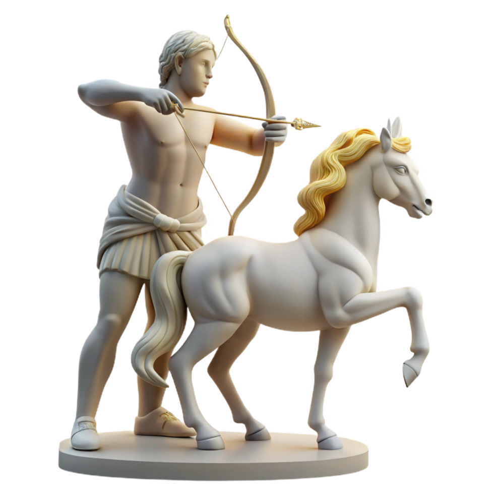 spectacular renaissance A wise centaur teaching archery to a young human, soft sunlight filtering through the trees, classical Greek sculpture style original png