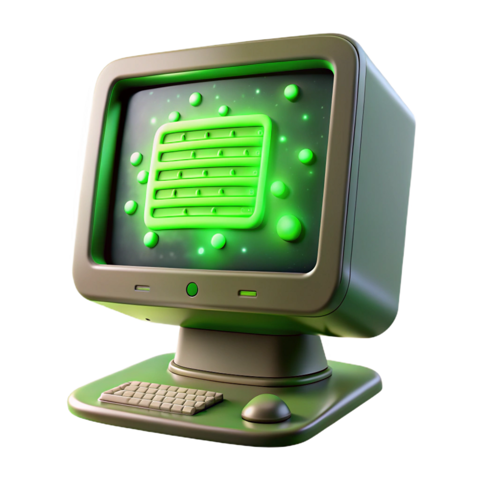 serene ethereal futuristic A vintage computer monitor displaying cascading green text, dust motes illuminated by its glow, dimly lit room, retrofuturism style studio quality png