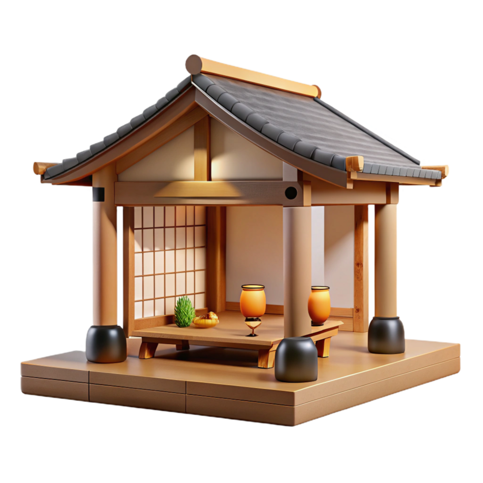 serene unforgettable A minimalist Japanese tea house, wooden beams, natural light, serene atmosphere, zen style, png