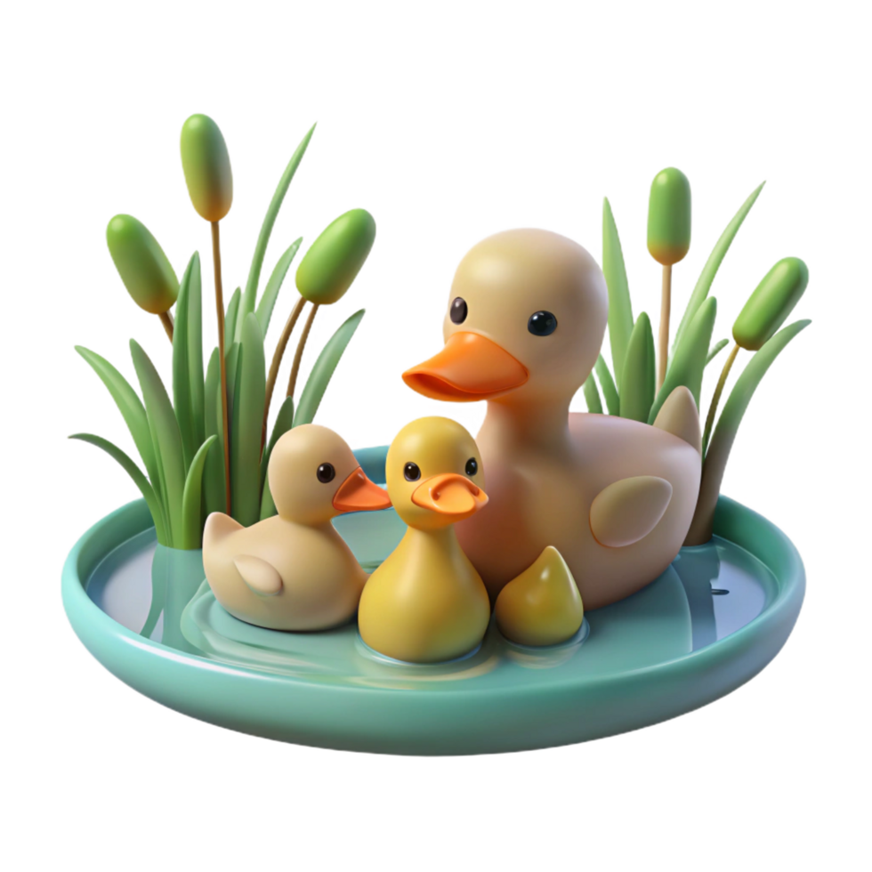 mysterious stunning A family of ducks swimming in a pond, serene setting, soft lighting fine detail png
