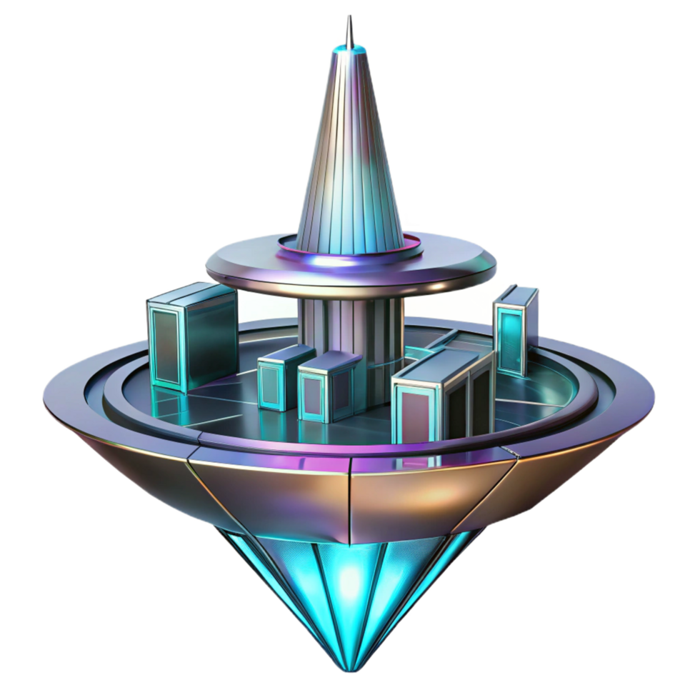 picturesque distinguished A futuristic, floating skyscraper, sleek and metallic design, neon city lights reflection, cyberpunk style, png