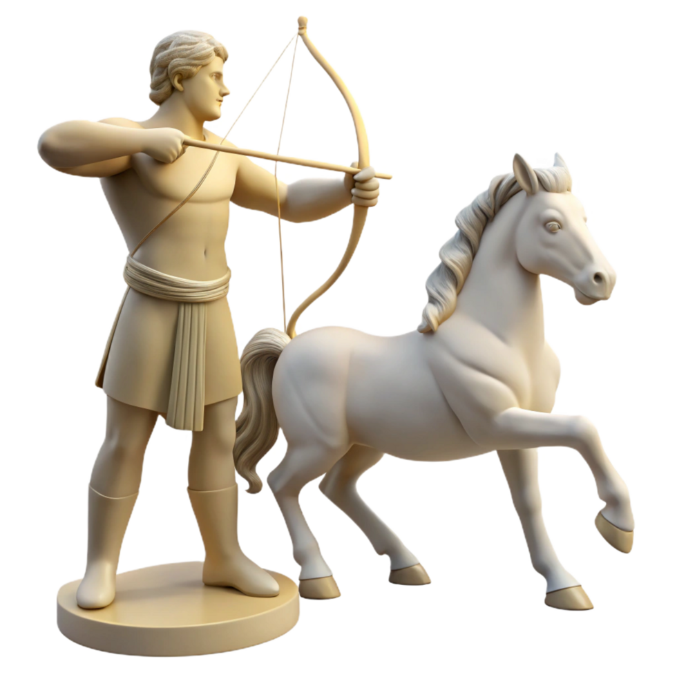 pristine artistic A wise centaur teaching archery to a young human, soft sunlight filtering through the trees, classical Greek sculpture style high quality png